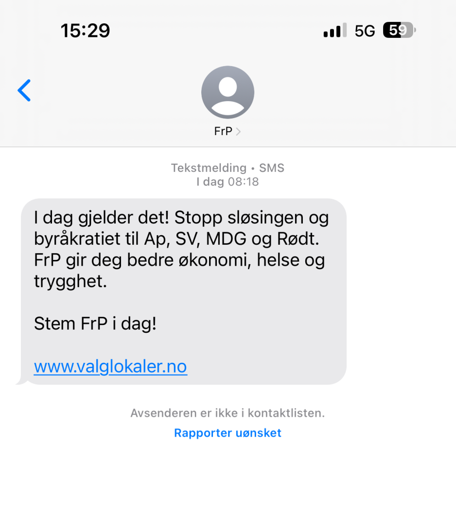 Viser en tekstmelding sendt ut fra FRP p&aring; valgdagen. 
