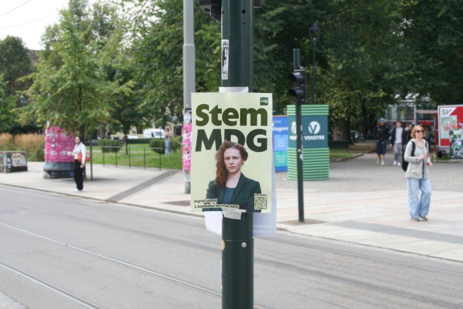 Plakat med ordene "Stem MDG" med bilde av partiets nestleder Ingrid Liland