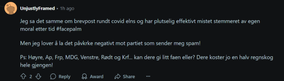 En frustrert bruker p&aring; reddit klager over valgkampen partiene f&oslash;rer.