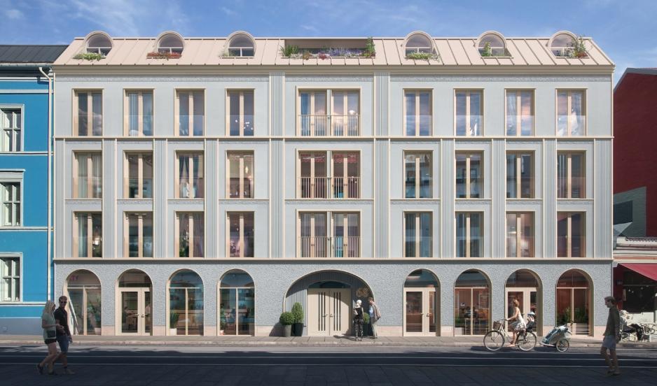 Fasaden illustrert av Aksetøy arkitekter