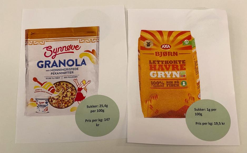 Bildet viser en sammenligning av to ulike havregryntyper, basert p&aring; sukkerinnhold og pris per kilo. 