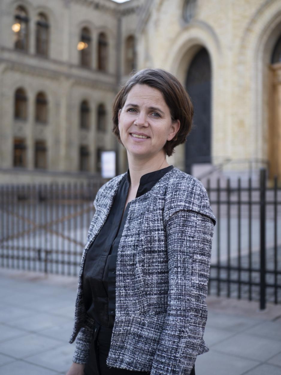 Solveig Schytz st&aring;r foran Stortinget