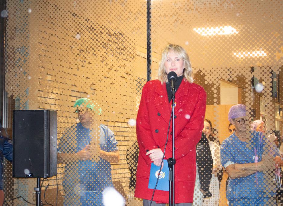 Ordf&oslash;rer Anne Lindboe fra H&oslash;yre sa noen ord foran inngangen til legevaktbygget. Hun st&aring;r p&aring; en talerstol. Bak henne er en gjennomsiktig vindusrute. Du kan se at det st&aring;r helsepersonell inne i bygget. 