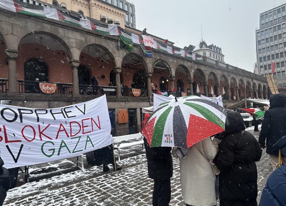 Balkongen p&aring; Youngstorget med palestiaflagg