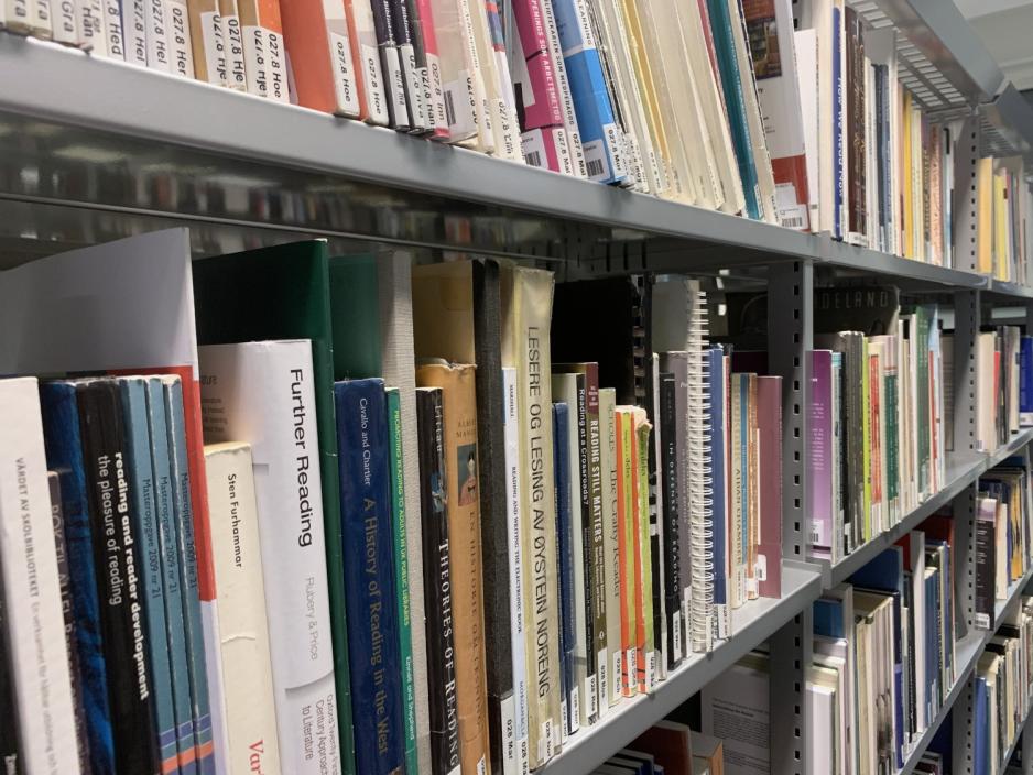B&oslash;ker i bokhylle p&aring; universitetsbibliotek.