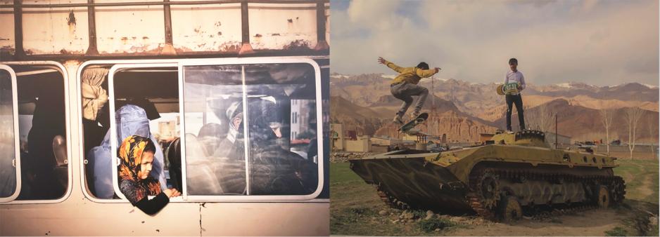 To fotografier, et av en jente p&aring; et nedslitt tog, og et av to gutter som leker p&aring; en stridsvogn. 