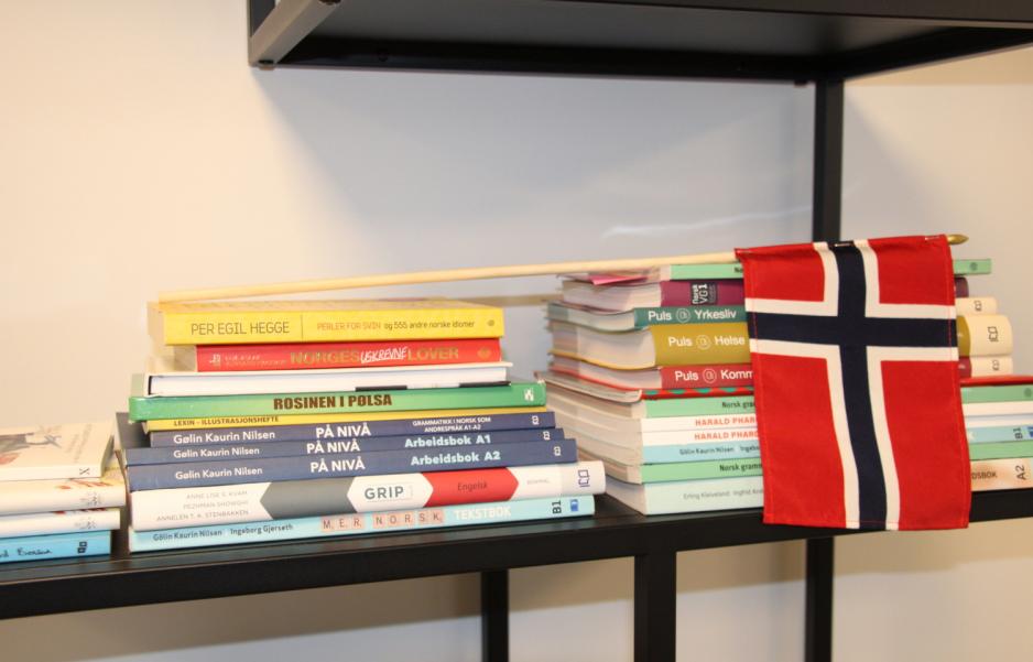 Bokhyllen med boker til spr&aring;kundervisning og Norges flagg. 