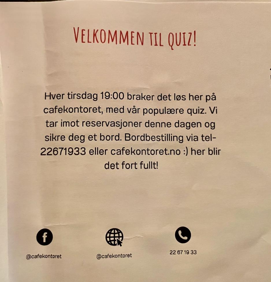 Informasjon om quizkveld p&aring; caf&eacute;kontoret