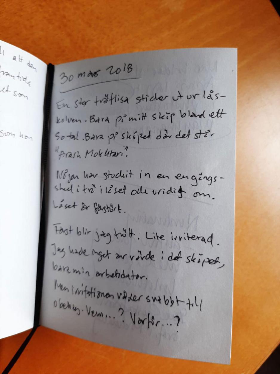 Arash Mokhtaris dagboknotat fra 30. mars 2018, dagen han fant skapet sitt vandalisert p&aring; jobben.