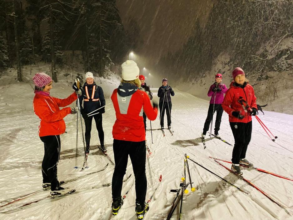 Bildet viser en gjeng p&aring; skitur