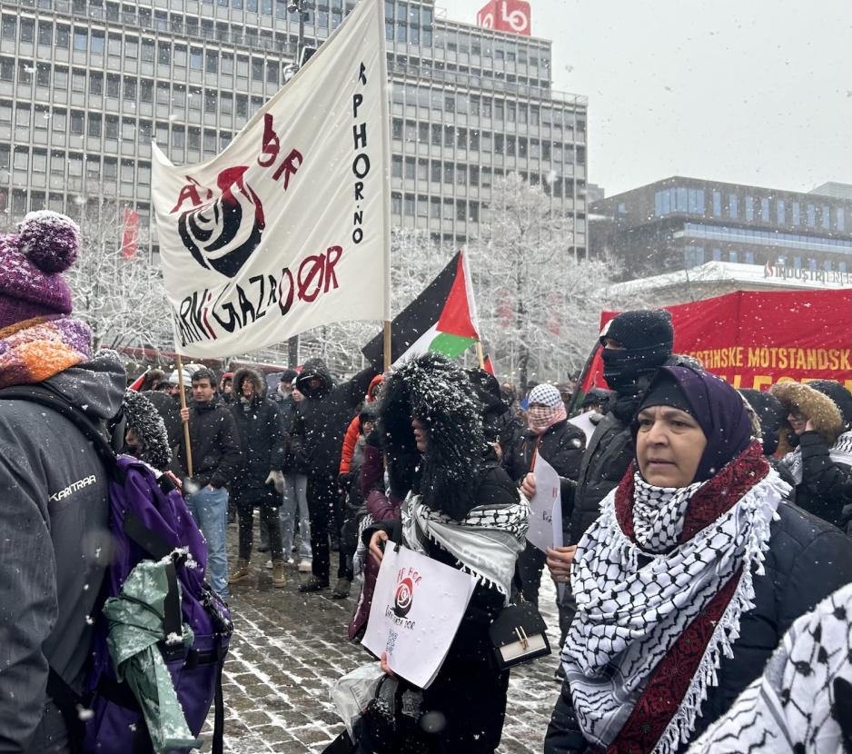 Demonstrasjon p&aring; Youngstorget for Gaza det sn&oslash;r