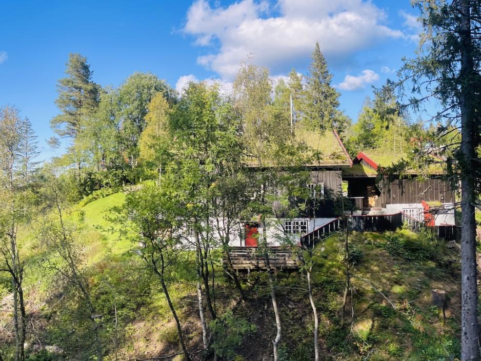 Et hus i t&oslash;mmer med r&oslash;de karmer og skog rundt. 