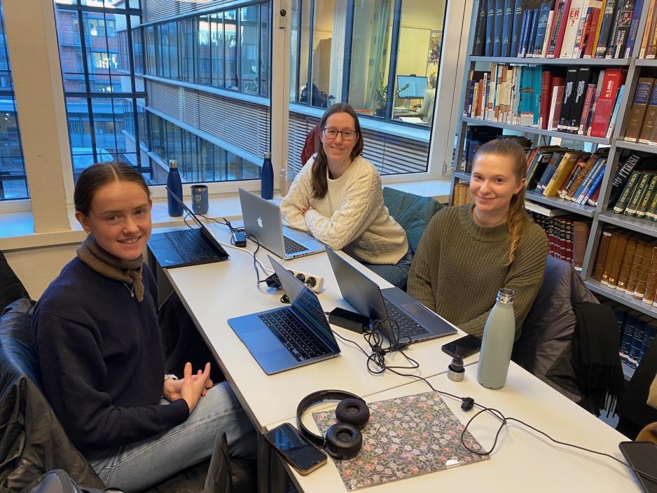 P&aring; bildet ser man tre studenter som smiler til kameraet. De jobber sammen med en oppgave.