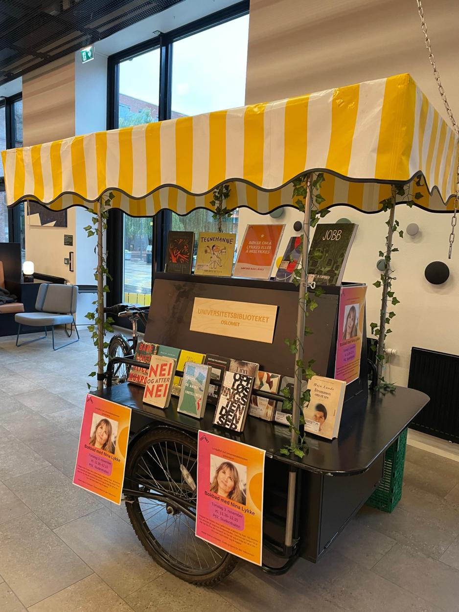 En sykkel med en tralle med b&oslash;ker p&aring;.