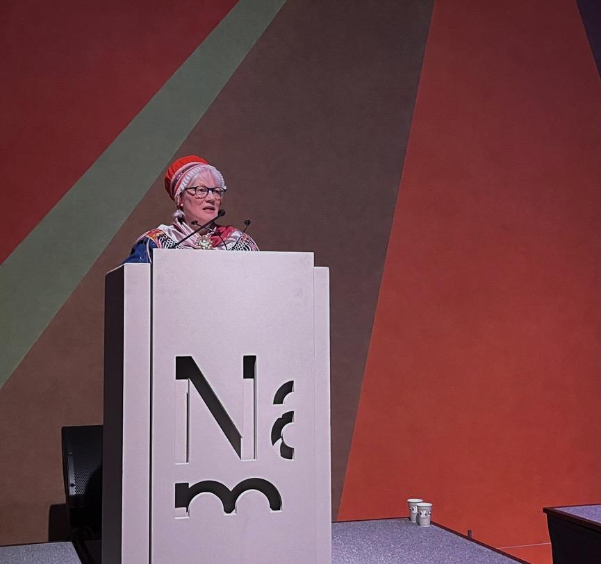 Bilde av dame som holder appell p&aring; en scene 