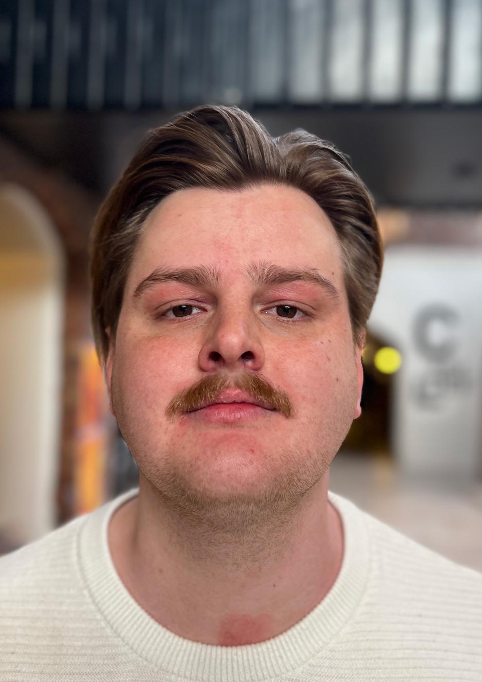 Mann med brunt h&aring;r og bart. Seri&oslash;st annsiktsutrykk