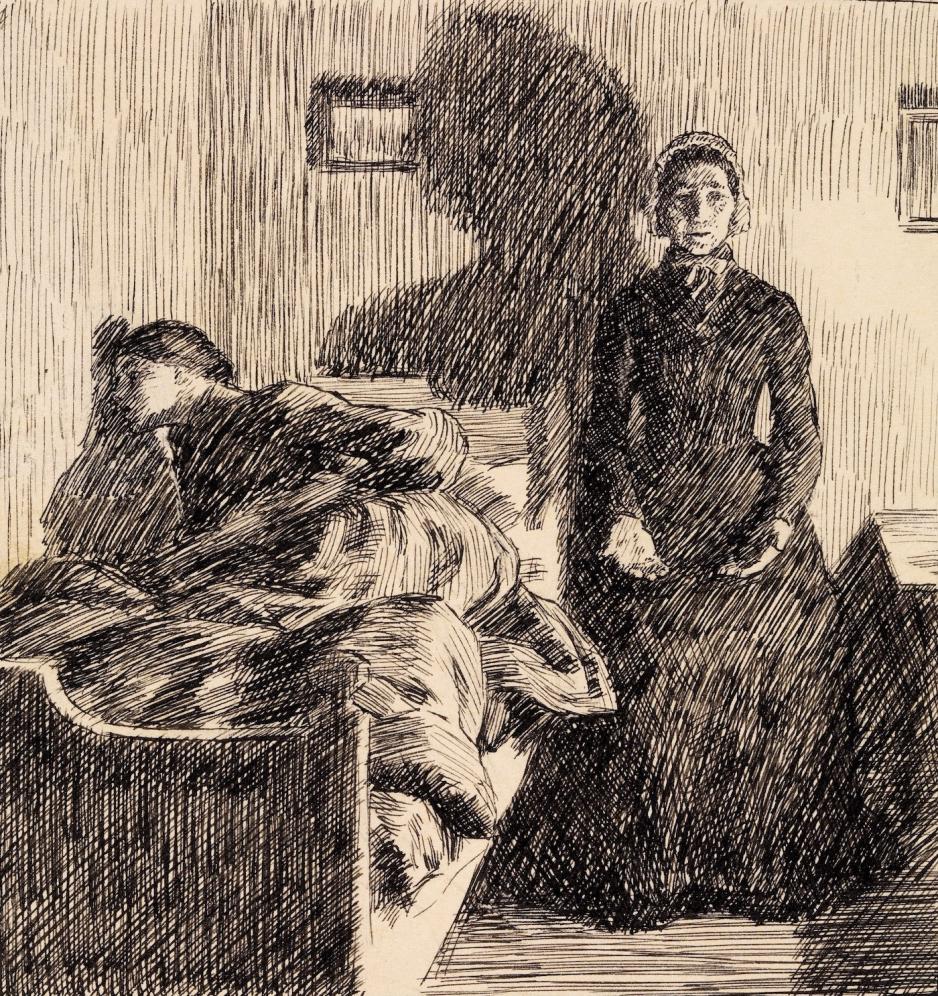 tegning av mor og datter p&aring; sovev&aelig;relset