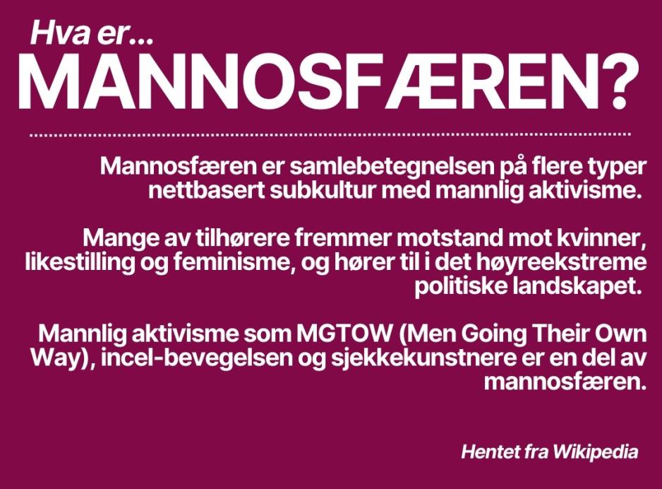 Faktatekst om mannosf&aelig;ren; et samlebegrep om internettmilj&oslash;er som incel-bevegelsen, s&aring;kalte pick up-artists, og mannsaktivisme p&aring; nett. H&oslash;yrevridd anti-feminisme.