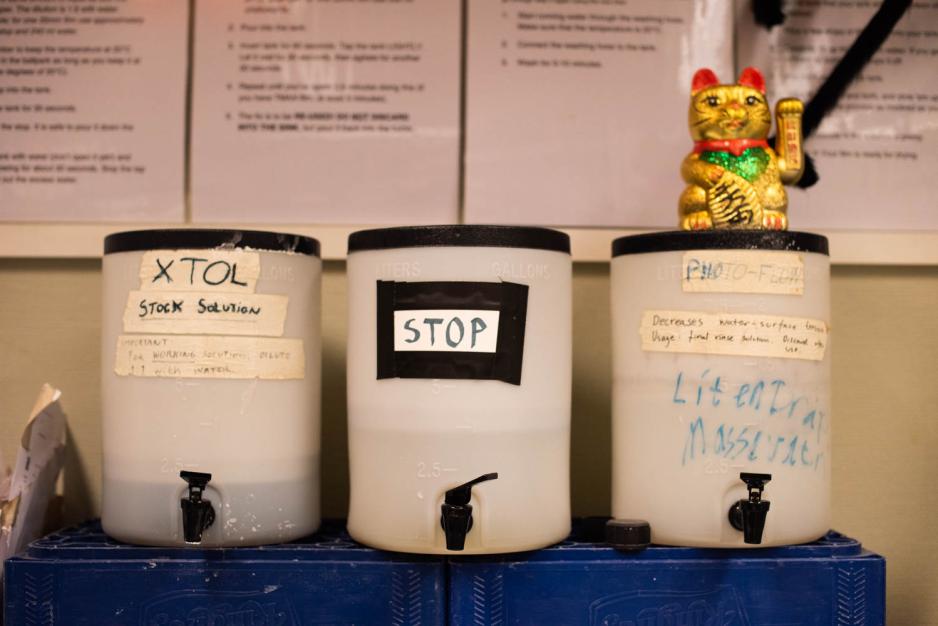 Gullkatt sitter p&aring; bokser med kjemikalier.