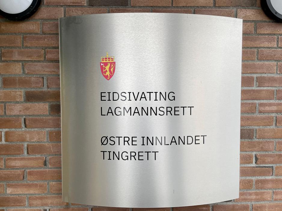 Man ser et skilt i polert metall som henger p&aring; en murvegg. P&aring; skiltet er det bilde av riksv&aring;penet. Det st&aring;r at det er &Oslash;stre Innlandet Tingrett, samt Eidsivating Lagmannsrett.