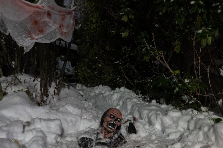 Halloweenpynt i sn&oslash;en.