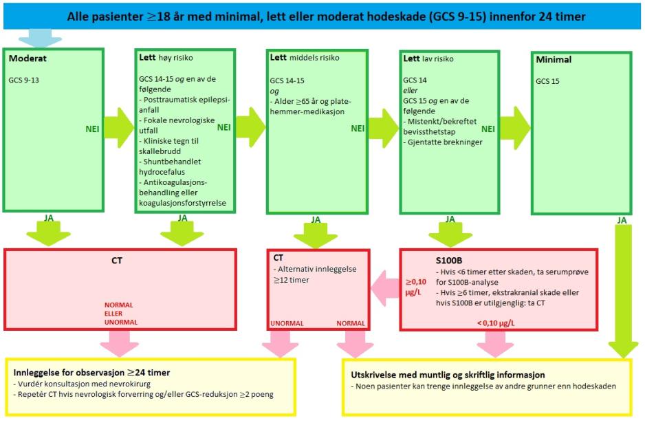 Norge skal f&oslash;lge internasjonale retningslinjer fra blant annet Scandinavian Neurotrauma Committee. Ovenfor kan man se retningslinjer for pasienter som er 18 &aring;r og eldre, med minimal, lett eller moderat hodeskade innenfor 24 timer.