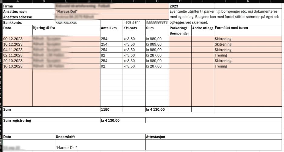 Et Excel ark som viser hvordan spillerne sender inn kj&oslash;regodtgj&oslash;relse.