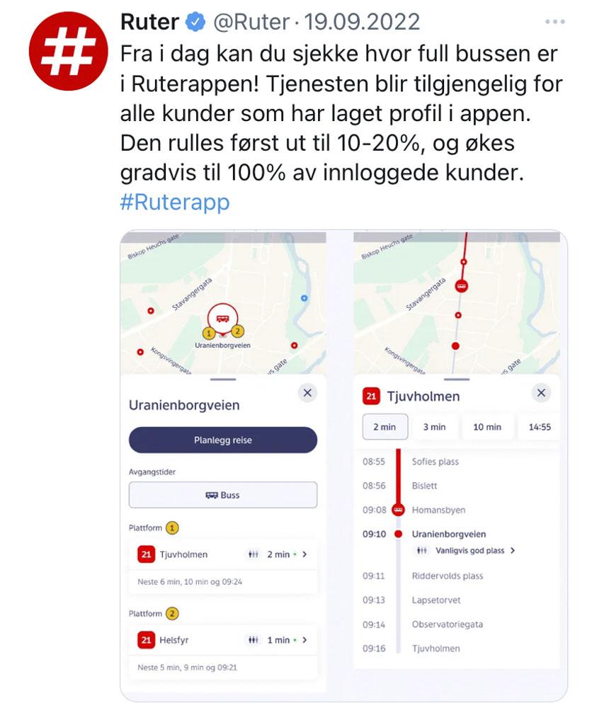 Ny Ruterfunksjon annonsert p&aring; twitter