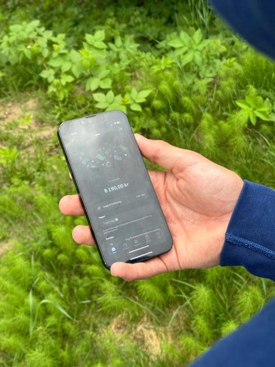 Bildet viser en mobiltelefon, med en l&oslash;nnslipp.