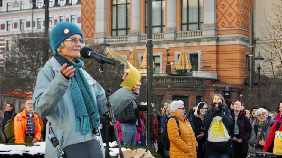 Turid Cordtsen fra norsk pasientforening holder appell under helsebr&oslash;let foran Stortinget