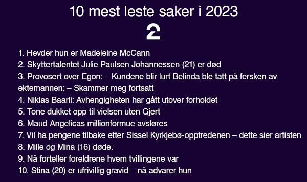En m&oslash;rk lilla bakgrunn med teksten: ti mest leste saker i 2023 fra TV2. Videre st&aring;r en liste over titlene til alle de ti sakene.