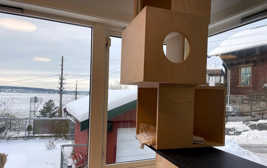 Bildet viser utsikten fra hjelpesenteret for dyr i n&oslash;d i Mosseveien. Det er vinter og sn&oslash;. 