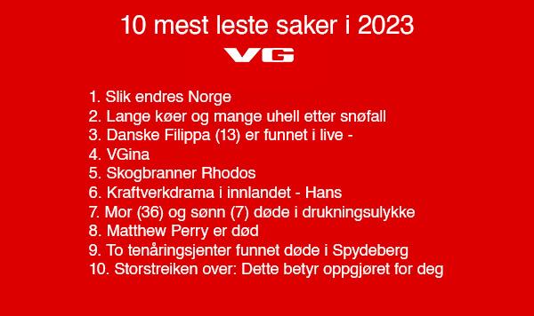 En r&oslash;d bakgrunn med hvit tekst. Teksten sier: 10 mest leste saker i 2023 fra VG. Videre st&aring;r en liste med titlene p&aring; alle de ti sakene.