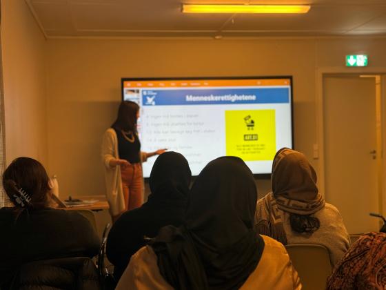 Seminar. Fem personen som sitter foran en skjerm. Foredragsholder st&aring;r ved siden av skjermen og peker.