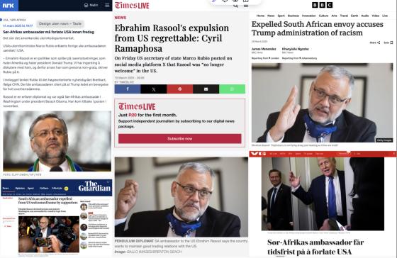 Skjermdump fra avisene NRK, The Guardian, TimesLIVE, BBC og VG som skriver om hendelsen