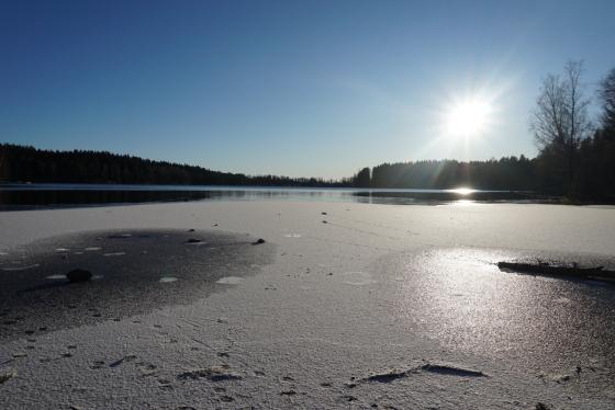 Frosten begynner &aring; legge seg p&aring; Sognsvann. Solen skinner. 