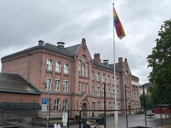 Boltel&oslash;kka barneskole har heiset pride-flagget i skoleg&aring;rden. 