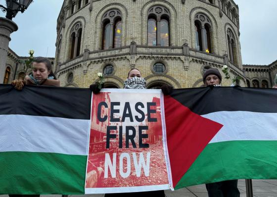 Jente med palestinaskjerf utenfor stortinget p&aring; aksjon