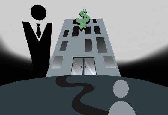 Illustrasjon av skygge som ser opp p&aring; en stor bank og stor mann i dress