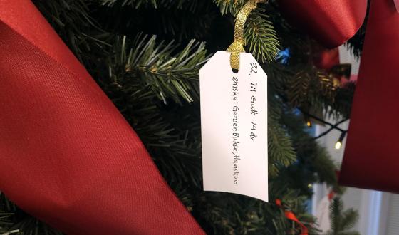 Eit juletre som er pynta med raude band. Det heng ein lapp med eit g&aring;veynskje fr&aring; eit barn p&aring;. 