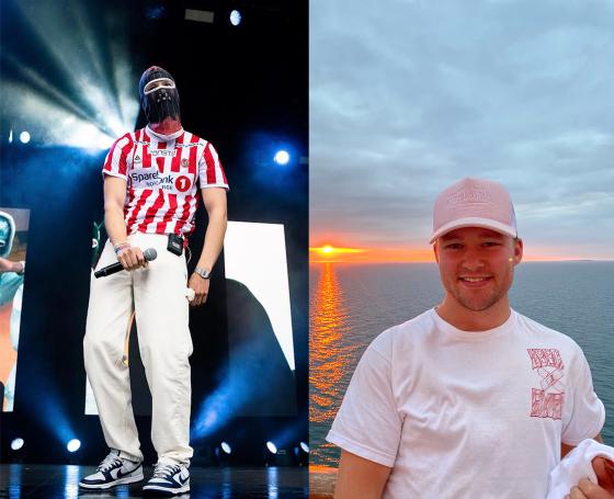 Produsent i musikktrioen Beathoven, som synger p&aring; Norwaycup i en r&oslash;d og hvit stirrete fotballskjorte. Han har p&aring; seg en r&oslash;d maske. Til h&oslash;yre ser du Gard Detlev &oslash;ksendal med en fin solnedgang bak seg. 