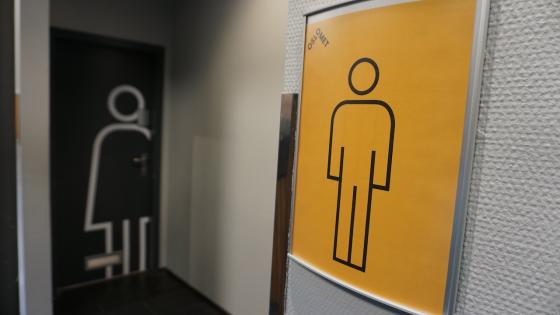 Bildet viser et skilt med ikonet for guttedo, med en d&oslash;r i bakgrunnen med ikonet for jentedo.