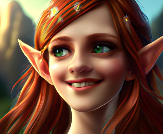 Tegneserie-jente med r&oslash;dt h&aring;r, lange &oslash;rer og gr&oslash;nne &oslash;yne som smiler.