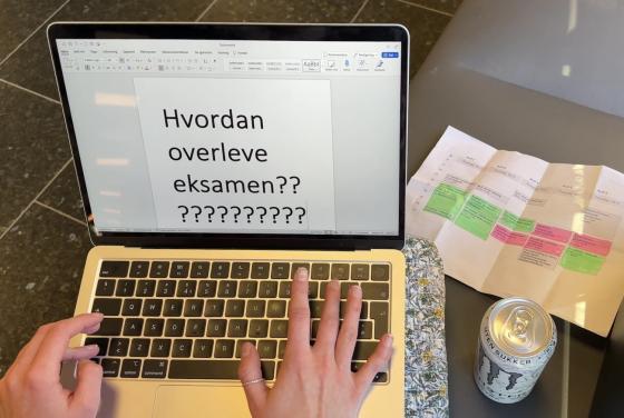 En jente som taster inn hvordan overleve eksamen p&aring; pc-skjermen