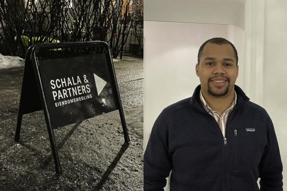 Til venstre er et visningsskilt, til h&oslash;yre er eiendomsmegler Edward Bastian 