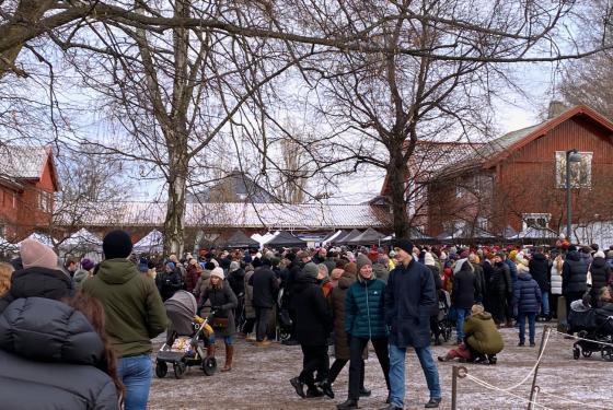Bildet viser julemarkedet i Botanisk Hage. Det er mange folk som vandrer rundt, og vi kan se taket p&aring; bodene bak dem.