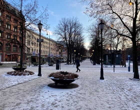 Karl Johans gate dekket av sn&oslash; i januar
