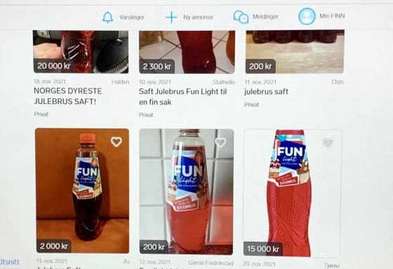 Bilete av annonser med julebrussaft p&aring; Finn.no. 