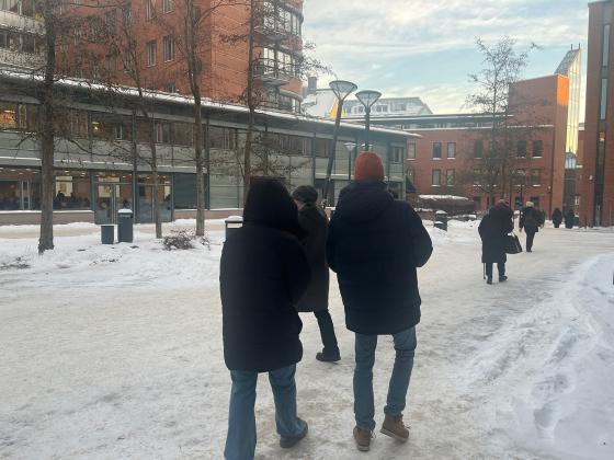 Kalde mennesker som er godt kledd for vinterv&aelig;ret og de kalde temperaturene.