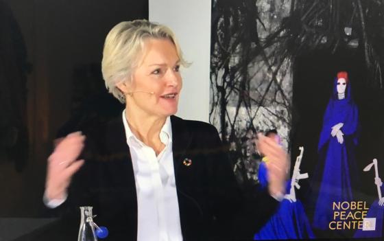 Direkt&oslash;r p&aring; Nobels Fredssenter Kjersti Fl&oslash;gstad opnar digitalt seminar p&aring; Nobelsenteret. Foto: Tuva Bull Hjeltnes